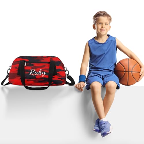 Red Camouflage Custom Kids Duffel Bags Personalized Customized Girls Dance Bag Custom Name Sports Gym Bag Foldable Overnight Weekender Sleepover Carry On Travel Tote Bag for Boys Girls2