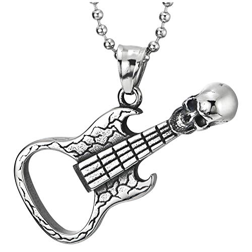 COOLSTEELANDBEYOND Punk Rock Vintage Crâne Guitare Pendentif - Collier Homme Femme Acier Inoxydable - 75CM Chaîne de Boule
