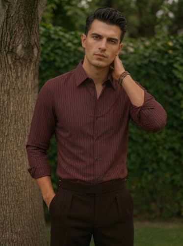 Image of Foomer Maroon Solid Self Design Opaque Party Men's Shirt