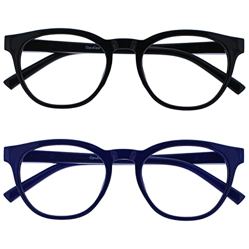 OPULIZE Blu Reading Glasses with Blue Light Blocking 2 Pack Cool Round Frame Spring Hinges Improve Sleep Computer Gaming Anti-Reflective Black Blue Mens Womens BB5-13 +2.00
