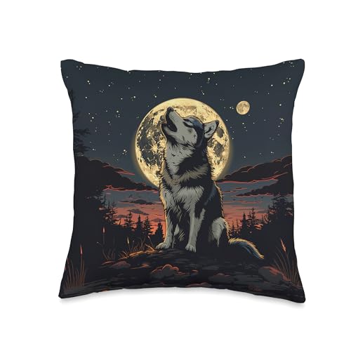Siberian Husky Howling In Front Of Moon Graphic Throw Pillow