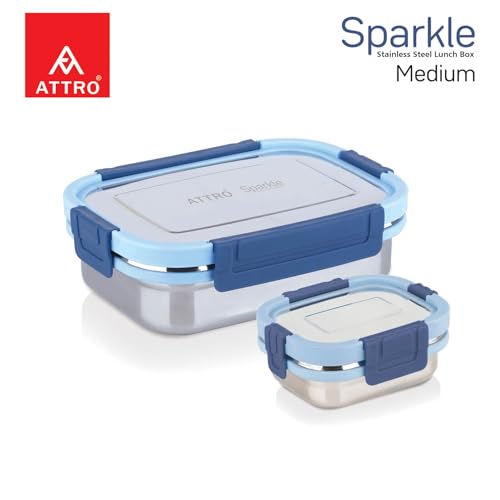 Image of ATTRO Sparkle Medium Stainless Steel Lunch Box 2-Piece Set - 800ml + 150ml - Leak-Proof, BPA-Free, Compact & Durable - Ideal for Kids, Office, Travel - Blue