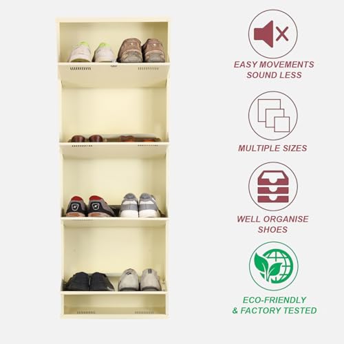 Image of Metal Shoe Rack Wall Mounted for Home with Central Locking | 4 Door 20 inch Wall Mounted Metal 8 Pair Shoe Rack Cabinet | Pre-Assembled Rack Shelves |3 Year Warranty (Ivory)
