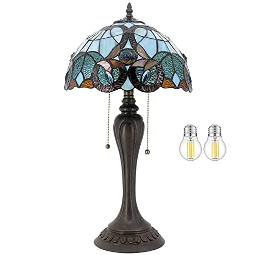 Review Product Tiffany Table Lamp Stained Glass Green Shade 22" Tall Blue Floral Antique Desk Light Lover Friends Parent Kids Living Room Bedroom Luxurious Traditional Vintage Farmhouse WERFACTORY Led Bulb Included