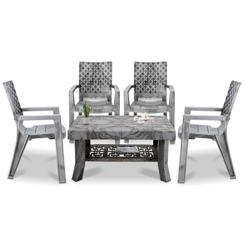 Image of MAHARAJA Luxury Plastic Armchair & Table Set | Heavy-Duty & Sleek Design for Every Space (Silver, 4 Chair+1 Table)