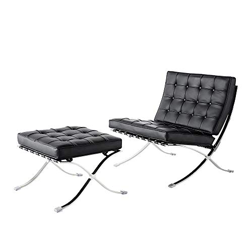 Classic Lounge Chair, Foldable Genuine Leather Side Chair, Club Chair with Stainless Steel Frame for Bedroom, Living Room, Reading Room (Black, with Ottoman) Classic Lounge Chair, Foldable Genuine Leather Side Chair, Club Chair with Stainless Steel Frame for Bedroom, Living Room, Reading Room (Black, with Ottoman)
