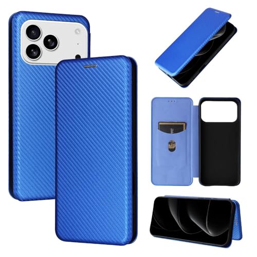 Étui iPhone 17 en cuir de style carbone avec rabat magnétique bleu foncé premium