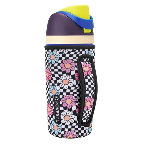 Image of Water Bottle Sleeve with Handle for Owala Kids FreeSip 16oz, Water Bottle Scratch Resistant Sleeve, Neoprene Cover Compatible with Owala 16 oz for Boys Girls School Travel (Checkerboard&Daisy)
