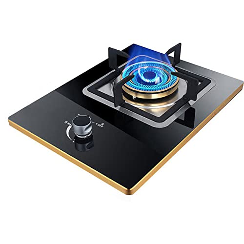 Aouoeeo Placa de Gas, Encimera de Gas, Cocina de Gas de 33 cm con Quemador, empotrada, Placa de cocción de Vidrio Templado Negro y sartén de Hierro Fundido.