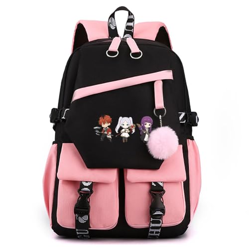 Sageam Anime Frieren: Beyond Journey's End Mochilas Escolares, Mochila para Portátil con Puerto de Carga USB, Mochila Viaje con Colgante Bola de Pelo para Mujeres y Niñas