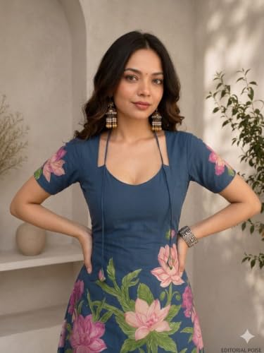 Image of Women's Floral Laila Cut Short Kurti Cotton V-Neck with Lining, Lightweight Short Sleeve Tunic, Breathable, Casual & Office Wear