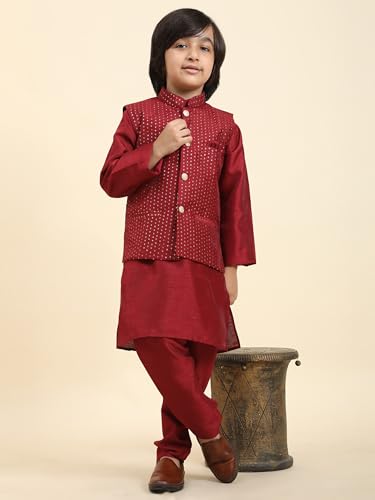 Image of Pro-Ethic Style Developer Kurta Pajama For Kids Boys With Waistcoat | Silk | Floral | Traditional Dress (S-200)