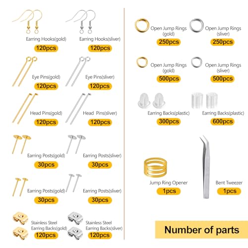 3480 Pcs Earring Supplies Kit with Hooks, Pins, Rings, Backs, Posts and Findings for Jewelry Making and Repair, Gift for Women