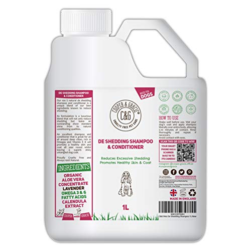 C&G Pets | De Shedding Shampoos & Conditioners für Hunde, 1 Liter, reduziert übermäßiges Ausfallen, fördert gesunde Haut und Fell, 100 % natürliches Hundeshampoo und Conditioner, Standard-Glanz, Weiß Cover
