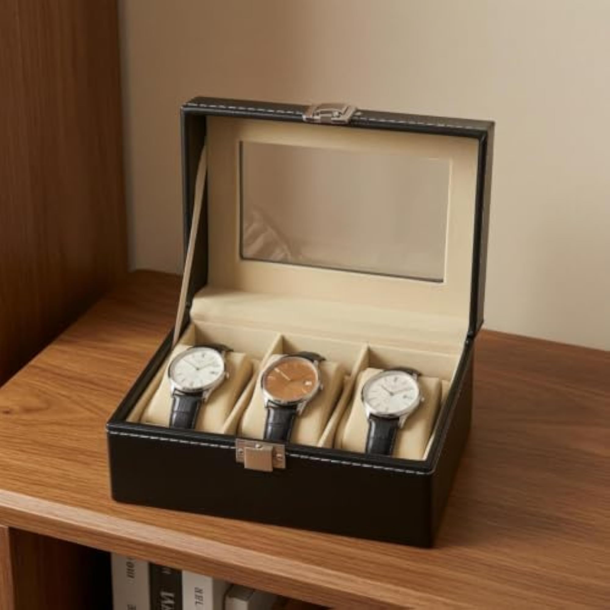 PU Leather Watch Organizer with Window, 3 Slot Box