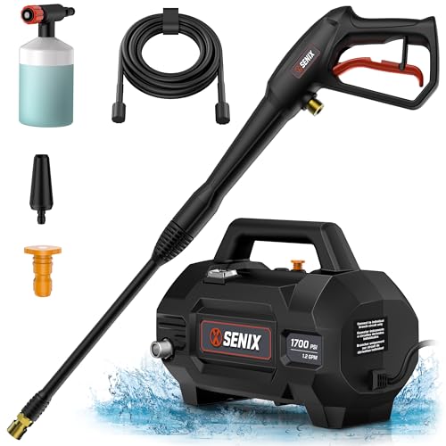 SENIX 13 Amp Electric Pressure Washer - 1700 PSI, 1.2 GPM, Compact with Foam Cannon, Spray Gun, 20-ft Hose, Turbo Nozzle, and 15° Spray Nozzles - Perfect for Cars and Driveways by SENIX - Used condition - US$97.22