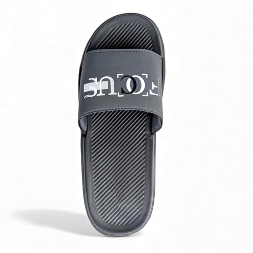 Image of Ovee slide Slip-On Sandals, Black, Textured Footbed with Logo Strap