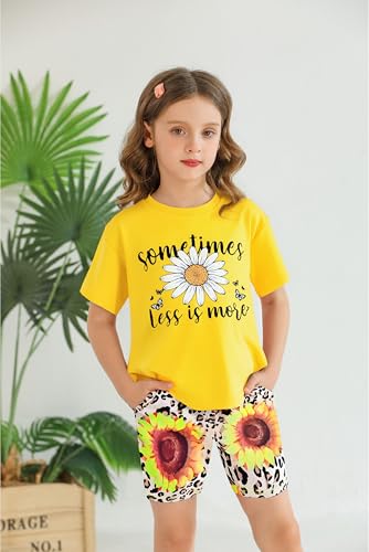 Image of Girls Summer Outfits Floral Print Shirt Yellow Short Sleeve Top and Biker Shorts Kids Clothing Sets 5-14 Years
