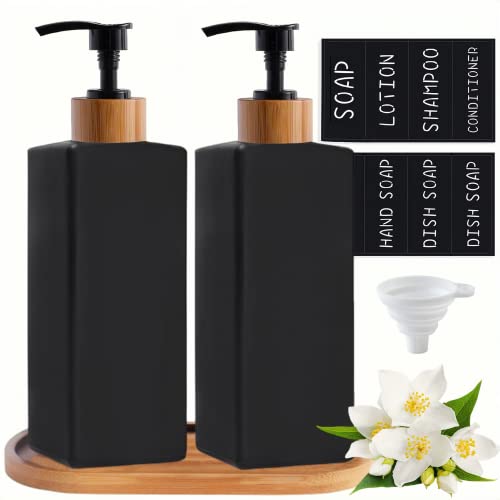 Bikalan - Juego de dispensador de jabón de cristal, 350 ml, color negro mate, juego de baño con bandeja, champú loción, dispensador de jabón de mano para cocina