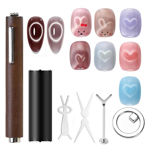 ZUWIJEQ Set de 6 Imanes para Uñas Ojo de Gato, Herramienta Magnética Profesional para esmalte uñas ojo de gato, kit para hacer uñas, Incluye Imanes de Corazón,Conejo,Anillo para Diseño de Arte en Uñas
