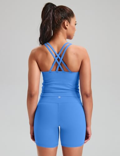 Image of HeyNuts Zeal Bras Longline Ribbed Medium Support Sports Bras, Crisscross Back Tank Tops with Removable Pads A-D Cups