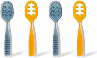 NumNum Pre-Spoon GOOtensils | Baby Spoon Set (Stage 1 + Stage 2) | BPA Free Silicone Self Feeding Toddler Utensils | for Kids Ages 6 Months+, 2-Pack (Four Spoons), Blue/Orange