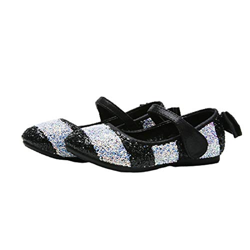 OMEARK Girls Sparkly Party Shoes, Round Head Glitter Princess Flat Dress Shoes, Children's Stylish Soft-Soled Dress Up Shoes with Heel Bowknot, Breathable Waterproof Plus Size Sandals