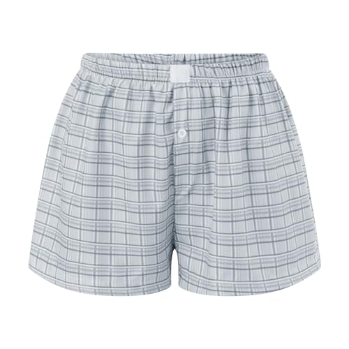 Image of Women Y2k Pajamas Shorts Micro Button Boxers Elastic Waist Cute Pj Bottoms Summer Plaid Lounge Short