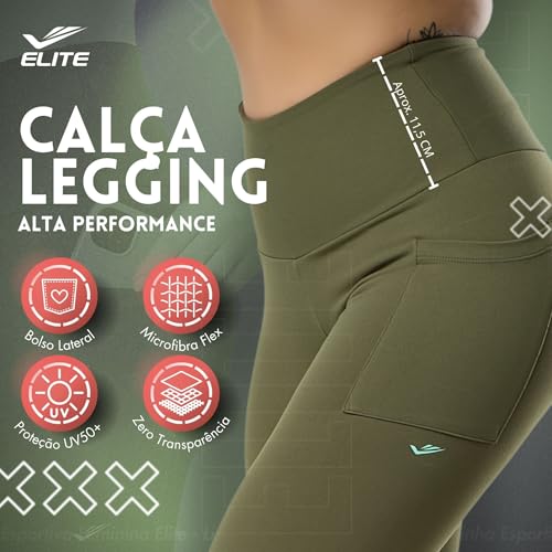 ELITE Legging Academia com Bolso Zero Transparência Cintura Alta Proteção UV 50+ Microfibra Poliamid