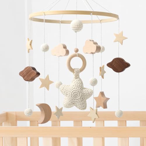 NICEMER Baby Mobile Crib,Baby Mobile for Crib Nursery Wooden Mobile for Girl or Boy Gender Neutral Handmade Mobile, Star, Cloud, Moon
