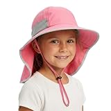 Cute Kids Sun Hat with Neck Flap Girls Boys UPF 50+ Sun Protection Boonie Cap Wide Brim Fishing Hat with Windproof Rope for 3-12Y Pink
