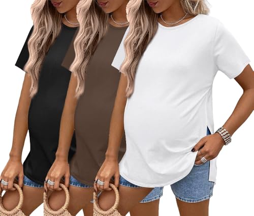 Ekouaer 3 Pack Maternity Shirts Short Sleeve Split Side Pregnancy Tops Casual Pregnant Tunic Blouse White/Black/Brown XL