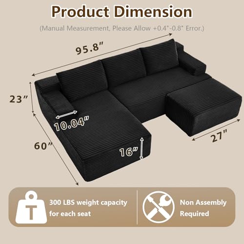 Image of 96 inch U-Shape Cloud Couch, Modern Modular Sectional L-Shape Sofa with Ottoman, Corduroy Upholstered Couches Deep Seat Sleeper Chaise Longue for Living Room, No Assembly Required(Black, Left Facing)