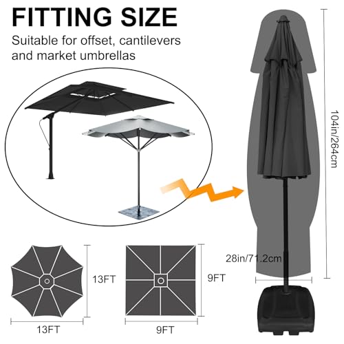 FIOBEE Patio Umbrella Cover for 9ft to 13ft Cantilevers Offset Umbrella or Market Umbrella 600D Waterproof Outdoor Parasol Cover with Rod Patio Furniture Covers, Black - Thumbnail 2