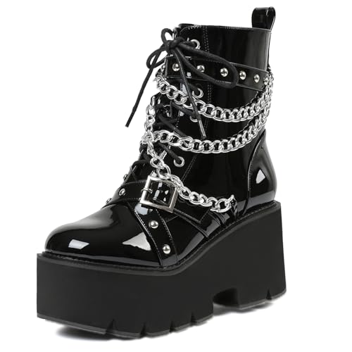 mikarka Women's Chain Platform Boots Lace Up & Zipper Chunky Heel Black Combat Ankle Booties Fashion Studded Motorcycle Boots