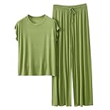 Pyjama-Set für Damen, V-Ausschnitt, kurzärmelig, einfarbig, Oberteil und Hose mit weitem Bein, 2-teiliges Outfit, Loungewear, Eisseide, Pyjama-Set, Nachtwäsche mit Taschen, Kordelzug, 52, XL