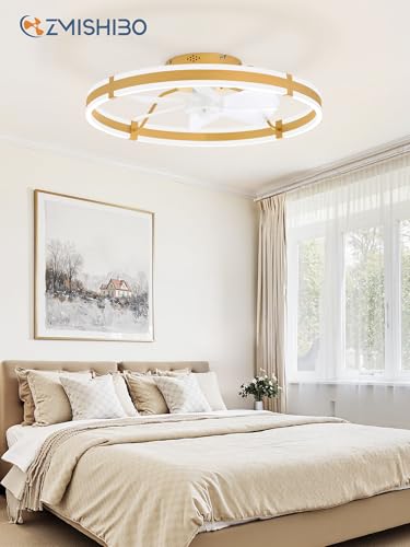 Image of ZMISHIBO 24 Inch Ceiling Fans with Lights and Remote, Modern Low Profile Ceiling Fan, 3000-6000K Dimmable Flush Mount LED Fan Light, 6 Wind Speeds, Fandelier Ceiling Fans for Bedroom- Gold