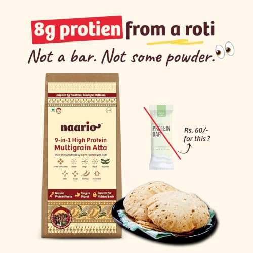Image of Naario 9-in-1 Multigrain Atta | Protein Atta | 8g Protein Per Roti | No Wheat | Low GI | Diabetic Friendly | 9 Roasted Grains - Black Chana, Jowar, Ragi, Bajra, Oats, Flaxseeds | Gluten Free | 5kg (1kg x 5)