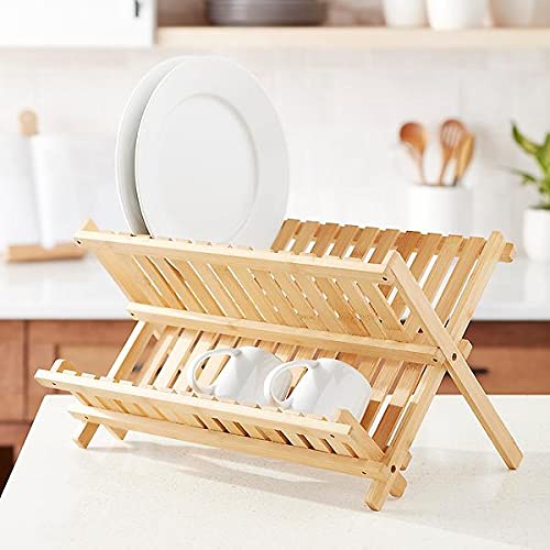 Sponsored Ad – YAHOME 2 Tier Wooden Dish Rack Plate rack Collapsible Compact dish drying rack Bamboo dish drainer Foldable Dish Drying Kitchen Storage Organizer 14 slots
