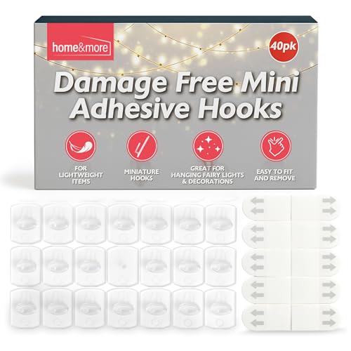 SOL 40pk Damage Free Mini Adhesive Hooks Self-Stick Wall Clips for Hanging Keys Fairy Lights Cables & Small Items Removable Mounting Solution for Home Office Kitchen & Dorm Use