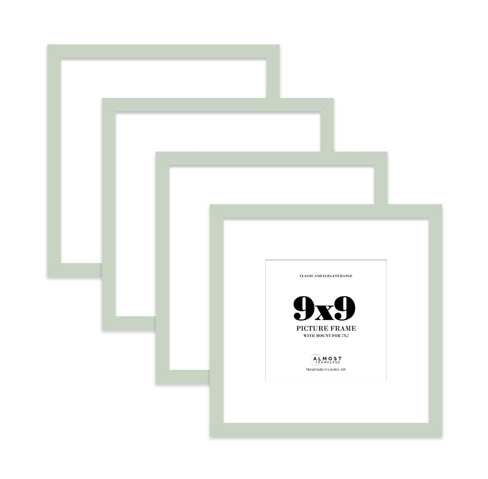 9x9 Mint Green Picture Frame with Mount for 7x7 Photos, Prints - Modern Square Wall Frame, Set of 4