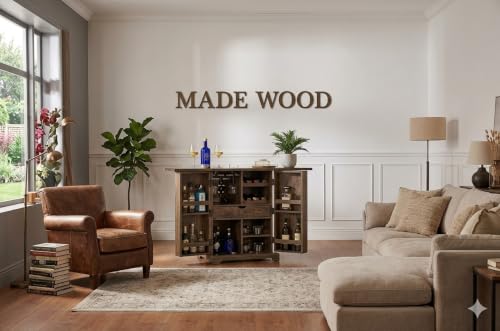 Image of MADE WOOD Sheesham Wood Home Bar Cabinet | Wooden Bar Unit with Storage Wine Rack & Glass Holder | Living Room Bar Furniture with Drawer & Doors | Provincial Teak Finish