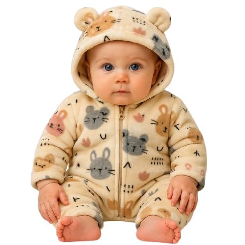 Image of BABYZONE Fluffy Fleece Baby Romper - Hooded Bear Ear Winter Jumpsuit for Boys & Girls