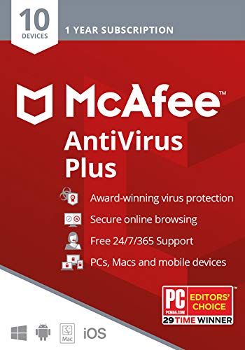 McAfee AntiVirus Protection Plus 2020 Internet Security Software, 10 Device, 1 Year