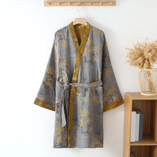 Men Lightweight Kimono Robe 100% Cotton pajamas Comfort Spa Sauna Yukata Water Absorbent House Coat Printed Bathrobe2