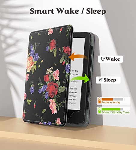 Image of MoKo Case for 7 inch /6.8 inch Kindle Paperwhite(12th /11th Gen-2024 /2021) and Kindle Paperwhite Signature Edition,Slim PU Shell Cover Case with Auto-Wake /Sleep for Kindle Paperwhite 2024, Rose On Black