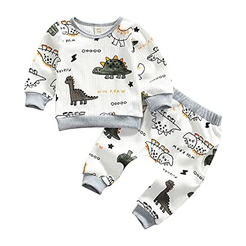 Newborn Baby Boy Clothes Set Infant Cute Dinosaur Print Outfit Ribbed Cotton Long Sleeve Tops Trousers 2PCS (3-6 Months, White) Cover