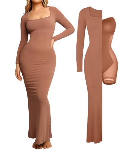 Image of Popilush Long Sleeve Formal Dress with Built in Shapewear Bra Maxi Dress