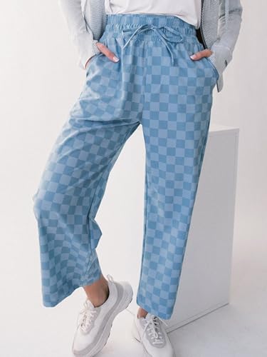 Apvirdy Loose Checkered Pants Women Casual Elastic High Waist Drawstring Straight Leg Plaid Pants with Pockets3