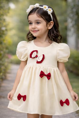 Image of Buy & Try Girls Silk Party Dress, Floral Printed Knee Length Frock with Short Sleeves, Comfortable Fit & Zipper Closure, Elegant Birthday, Wedding, Festival & Special Occasion Wear for Kids
